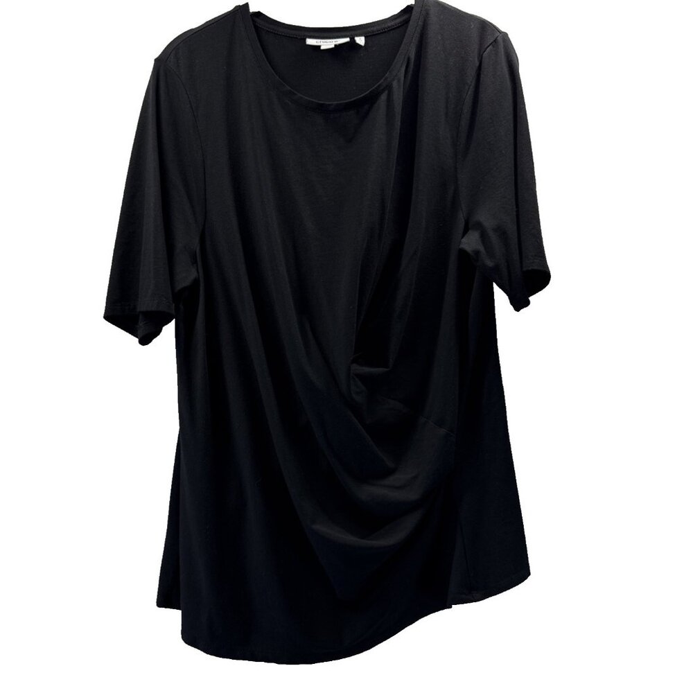 Chicos Women's Top Size Large Solid Black Faux Wrap Gathered Round Neck Stretch‎
